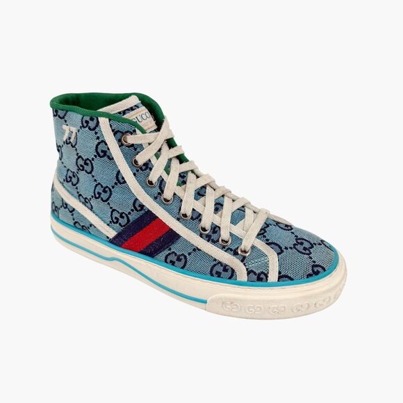 Gucci 1977 Tennis Blue GG Canvas High Top Sneakers Shoes Size 37 US 7 Women’s - Picture 9 of 14